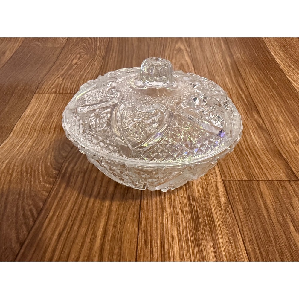 KIG Malaysia Clear Pressed Glass Heart‎ Floral Candy Dish Lidded Trinket Box